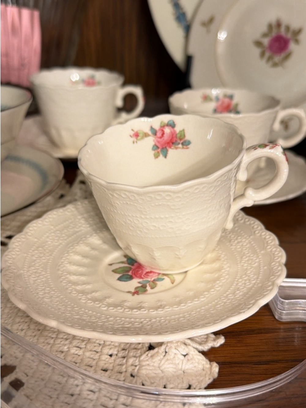 2 Spode Jewel diamanté Porcelain Teacup and Saucer Sets with Pink Rose Motif